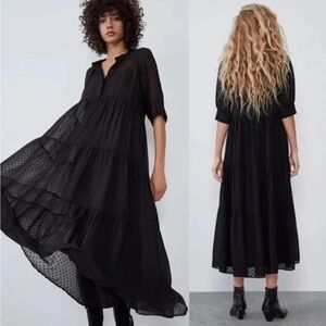 Zara Swiss Dot Tiered Dress in Black. Never Worn. Size Medium.